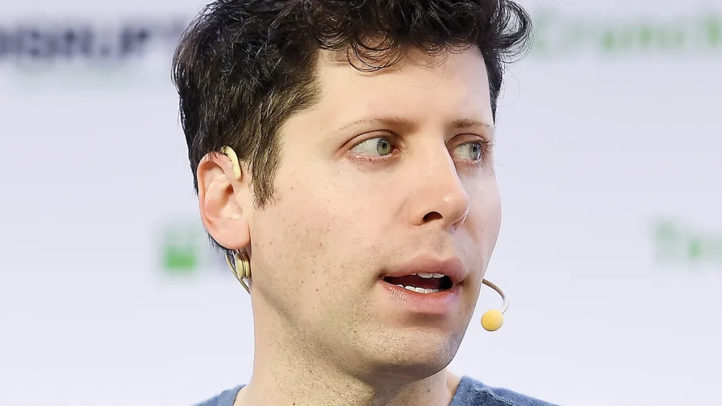Sam Altman, chief executive of OpenAI, wearing a headset microphone while speaking at a TechCrunch conference in San Francisco in October 2019.