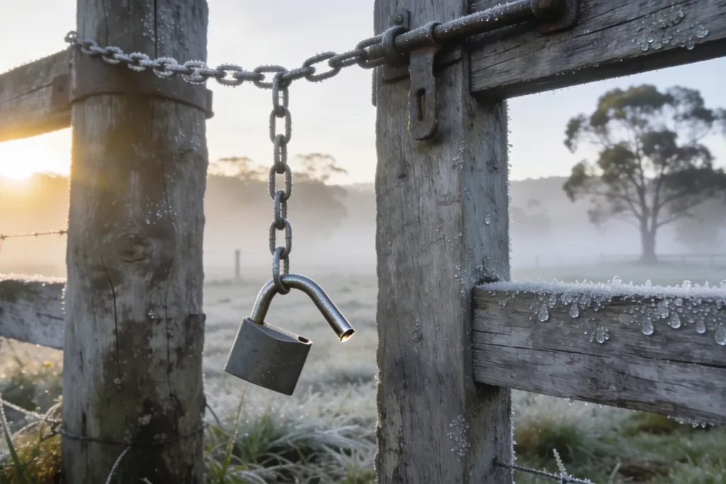 AI-generated illustration of an open, unbranded steel padlock hanging from a chain on a weathered timber farm gate at dawn